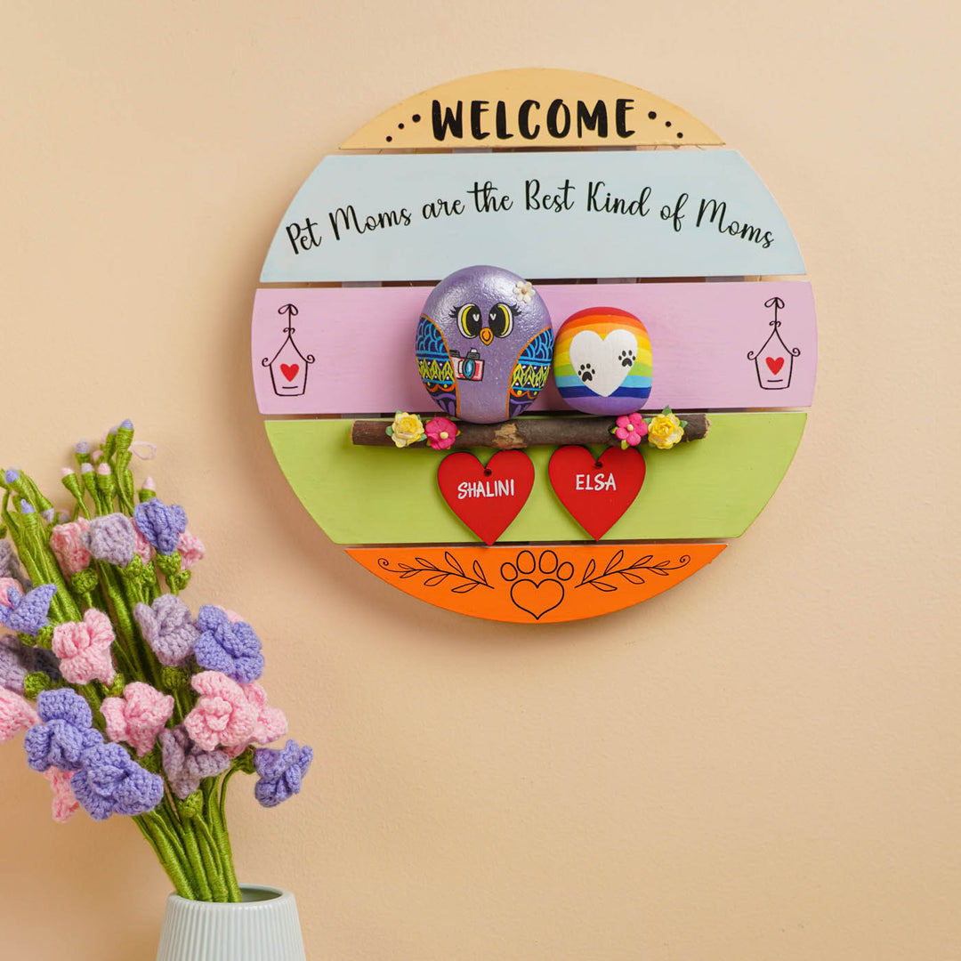 Personalized Hand-Painted Pebble Art Love For Pet Mom Wooden Decorative Plaque