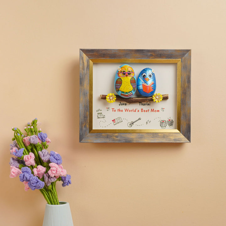 Personalized Hand-Painted Pebble Art Best Mom Owl Theme Wooden Decorative Plaque