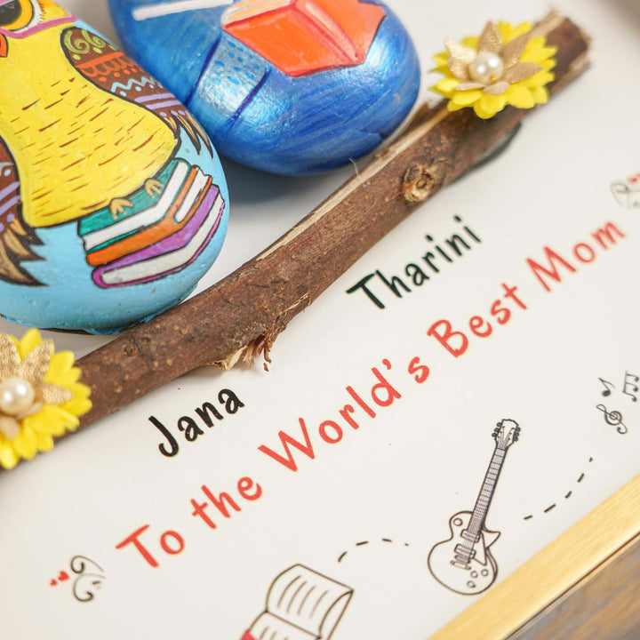 Personalized Hand-Painted Pebble Art Best Mom Owl Theme Wooden Decorative Plaque