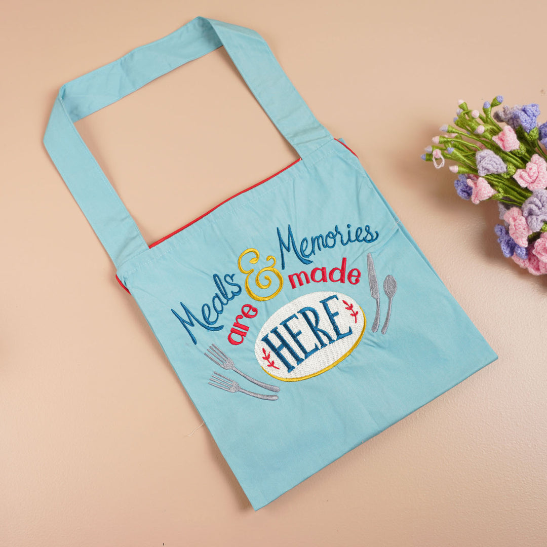 Personalized Embroidered Blue "Meals & Memories Are Made Here" Apron