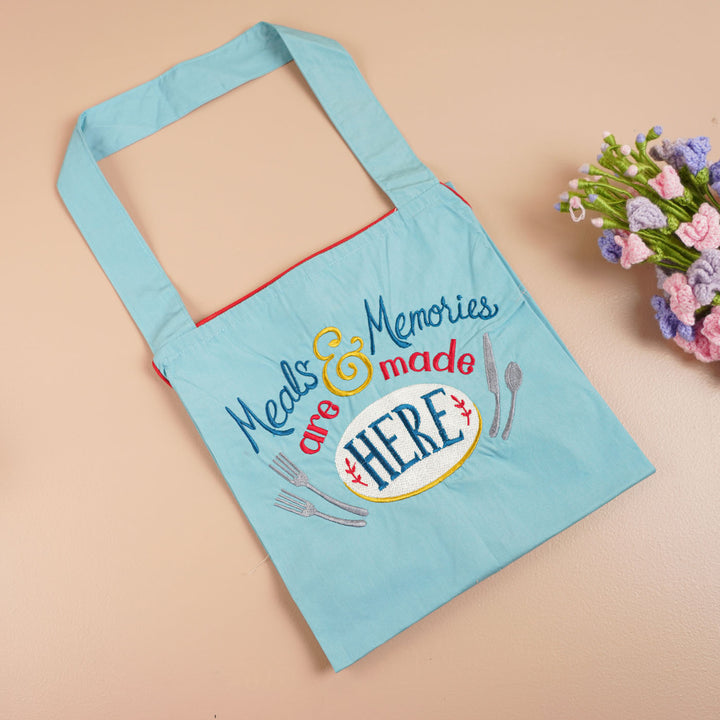 Personalized Embroidered Blue "Meals & Memories Are Made Here" Apron