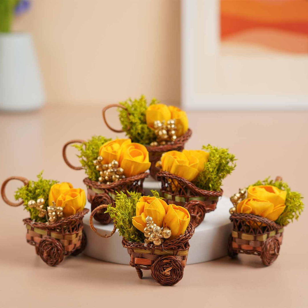 Handmade Mini Yellow Dried Flower Bouquet In Willow Basket | Set Of 6