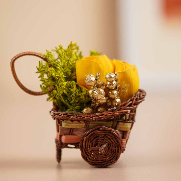Handmade Mini Yellow Dried Flower Bouquet In Willow Basket | Set Of 6