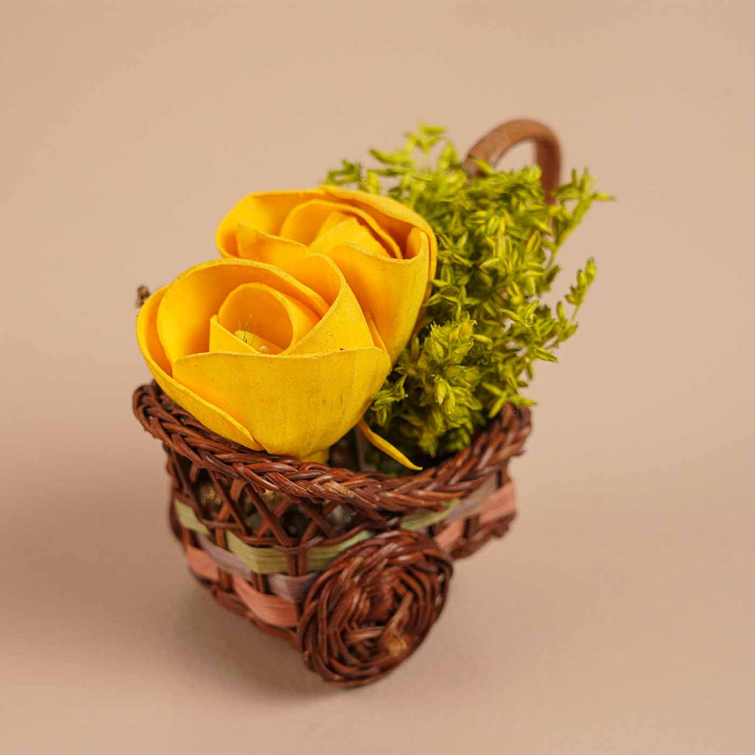Handmade Mini Yellow Dried Flower Bouquet In Willow Basket | Set Of 6