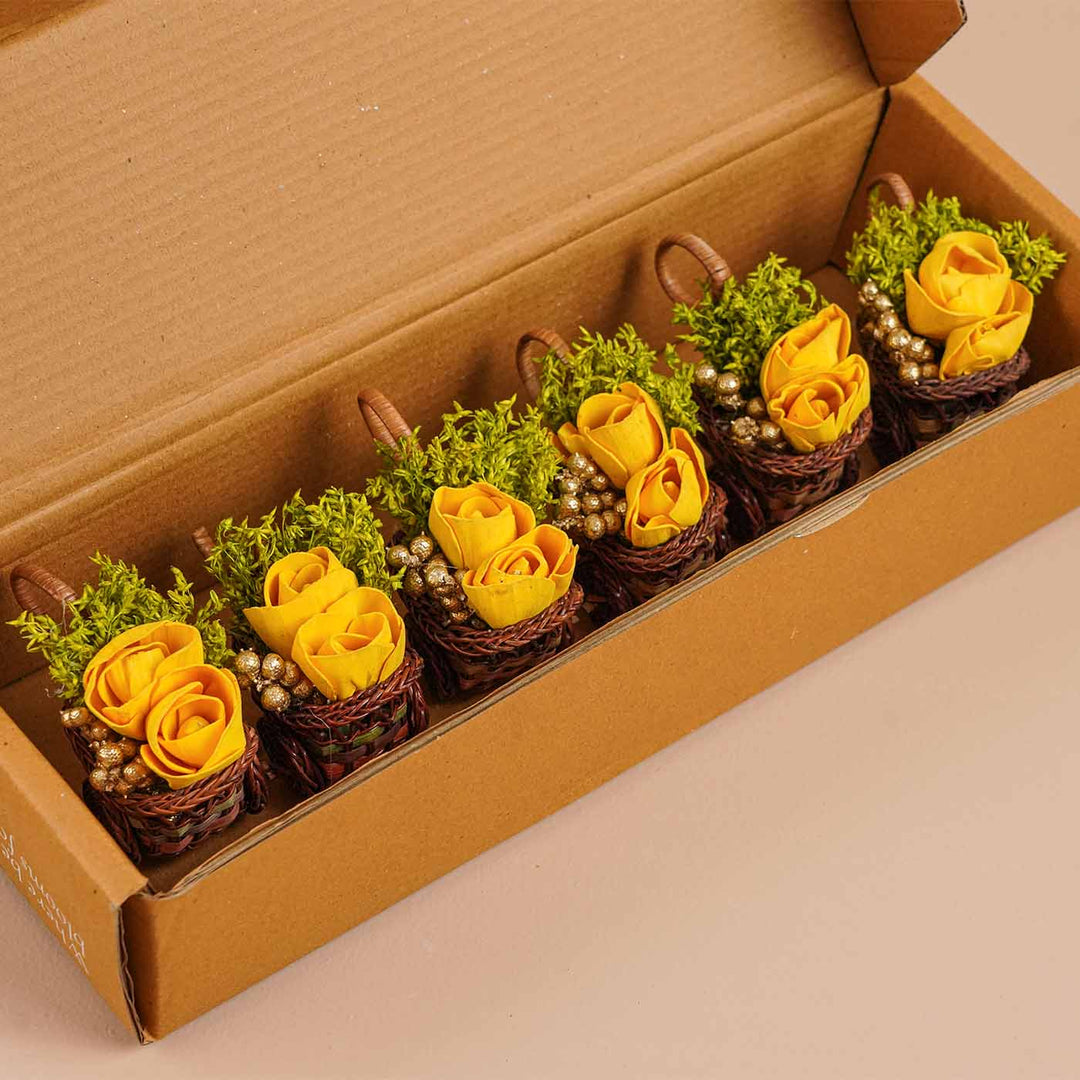 Handmade Mini Yellow Dried Flower Bouquet In Willow Basket | Set Of 6