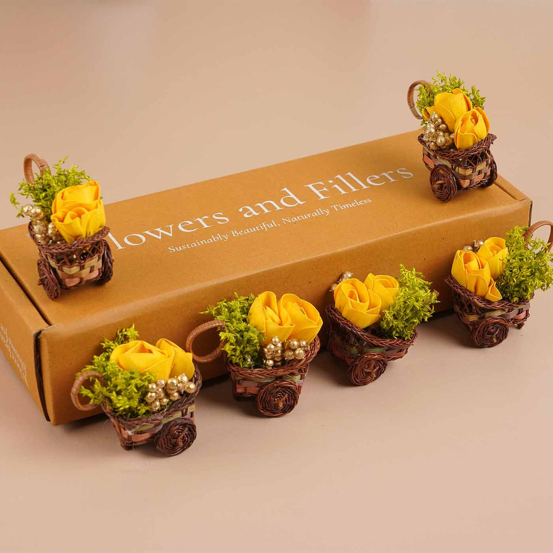 Handmade Mini Yellow Dried Flower Bouquet In Willow Basket | Set Of 6