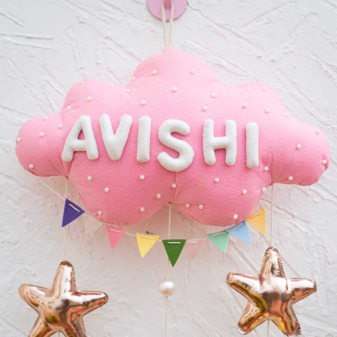 Handcrafted Personalized Cloud Theme Name Plate For Kids 3 - Hanging Wall Decoration Close-up