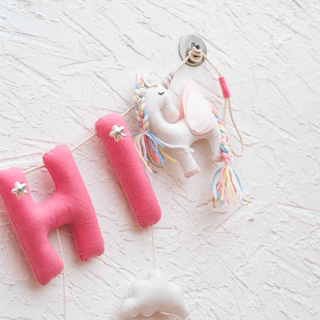 Handcrafted Personalized Themed Bunting For Kids Unicorn - Mounted on Wall with Hanging Loop