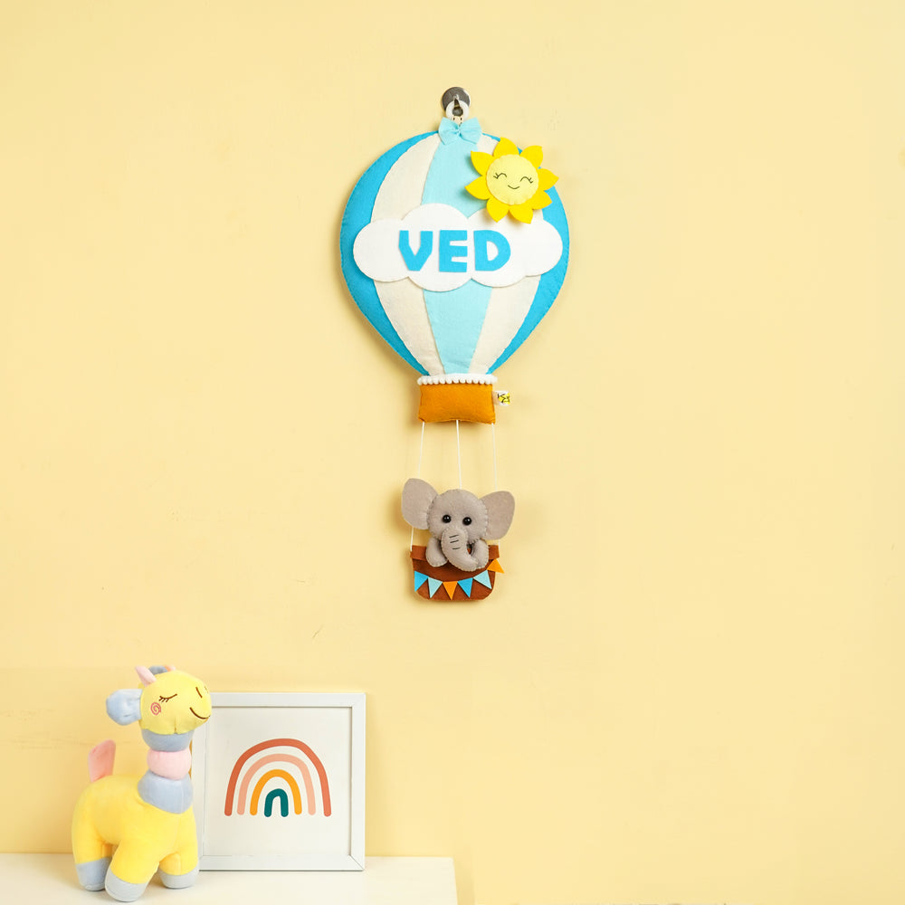 Hand Stitched Elephant Theme Hot Air Balloon Felt Kids Nameplate - Hanging Wall Decoration with Name Personalization