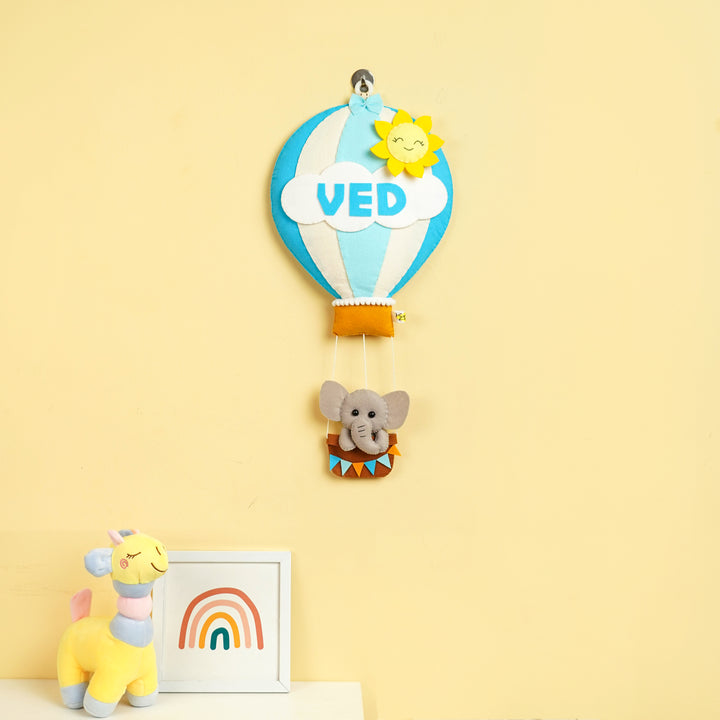 Hand Stitched Elephant Theme Hot Air Balloon Felt Kids Nameplate - Hanging Wall Decoration with Name Personalization
