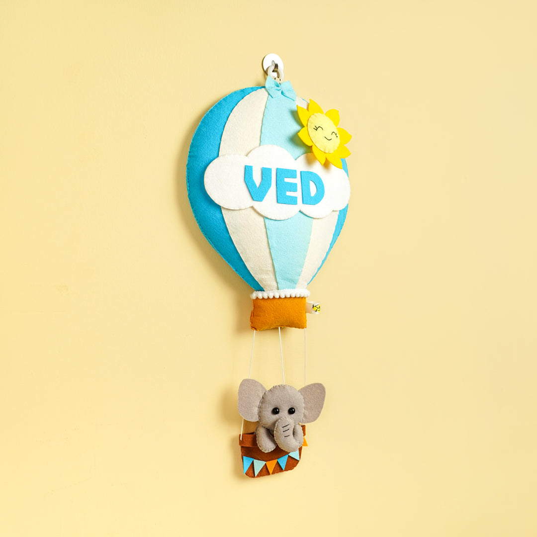Hand Stitched Elephant Theme Hot Air Balloon Felt Kids Nameplate - Hanging View with Name Personalization