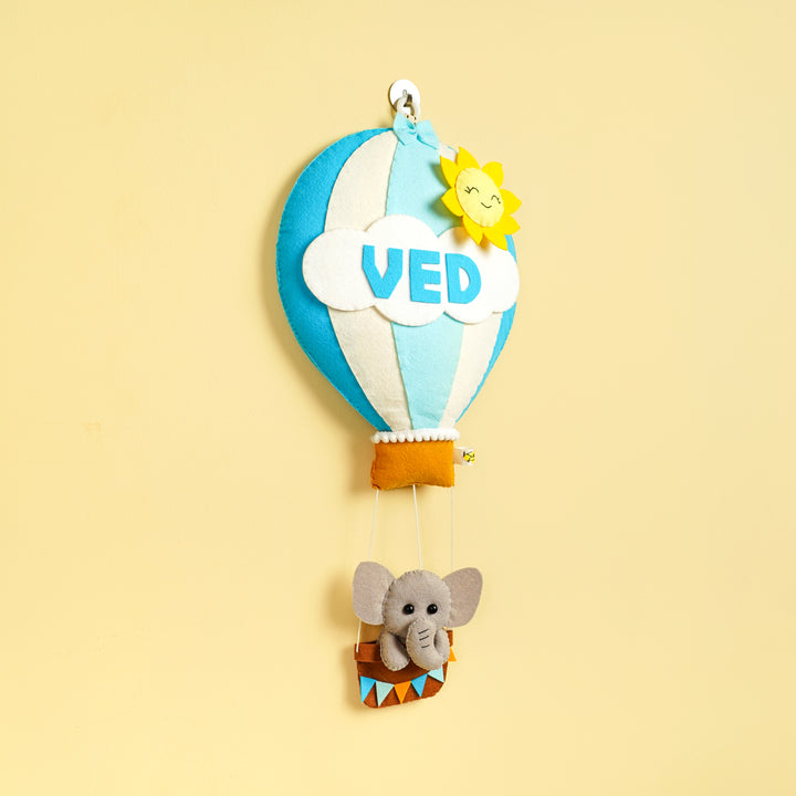 Hand Stitched Elephant Theme Hot Air Balloon Felt Kids Nameplate - Hanging View with Name Personalization