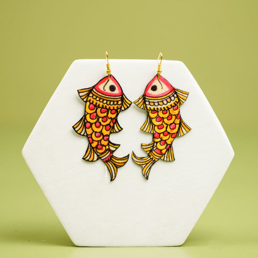 Hand-Painted Yellow & Pink Fish Shaped Leather Earrings