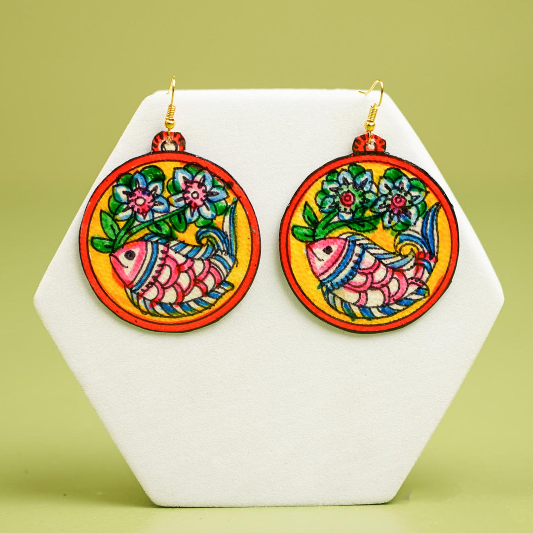 Hand-Painted Round Fish Theme Leather Earrings