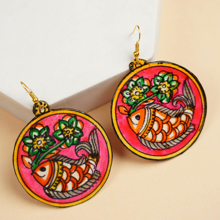 Hand-Painted Round Fish Theme Leather Earrings