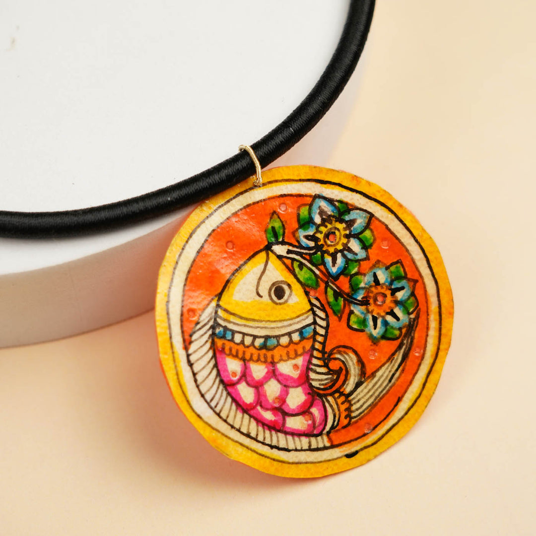 Hand-Painted Madhubani Fish Theme Leather Necklace