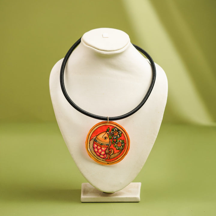Hand-Painted Madhubani Fish Theme Leather Necklace
