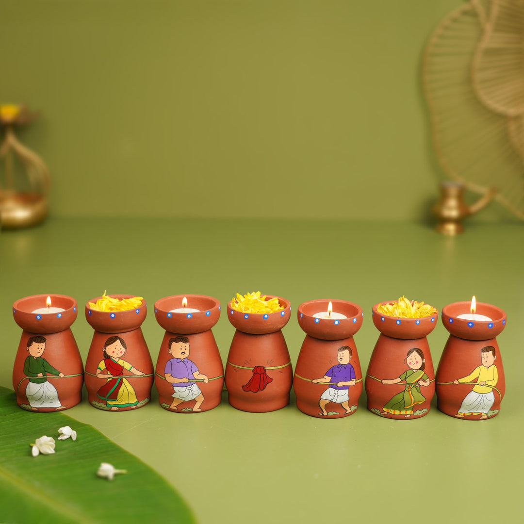 Hand-painted Clay Tug of War Theme Tealight Holders| Set of 7