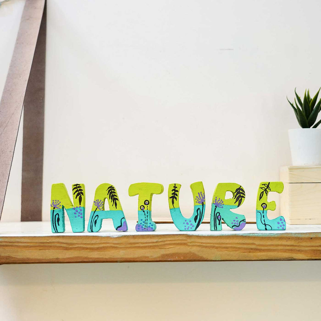 Hand Painted Personalized Name Blocks 2 - Front View on Shelf Display