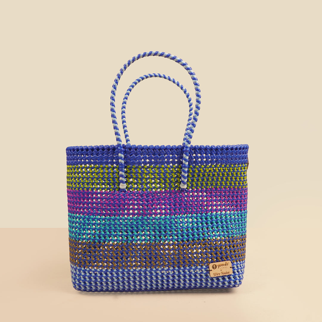 Peacock Blue Horizontal Stripes Handmade Wire Koodai Tote Bag