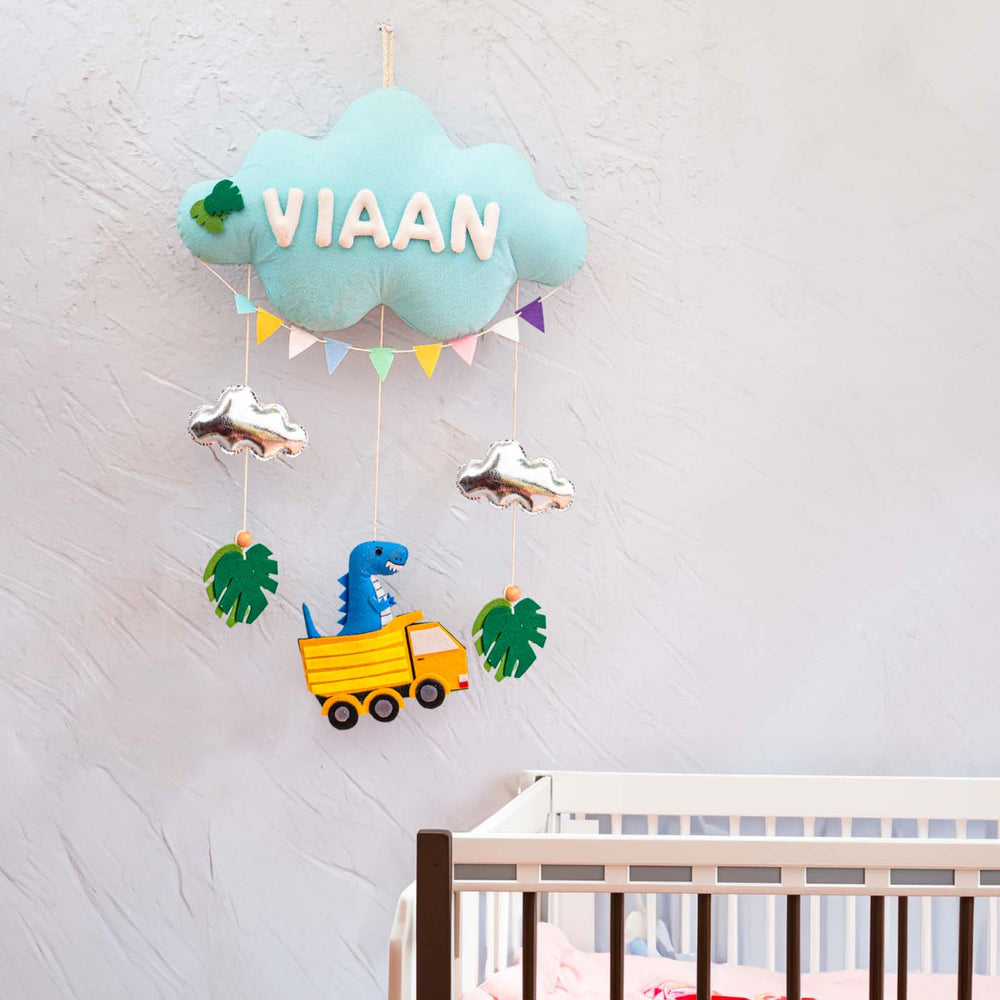 Handcrafted Personalized Cloud Theme Name Plate For Kids 5 - Hanging Nursery Mobile Front View