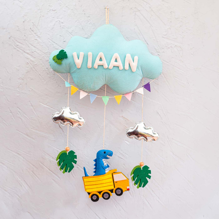 Handcrafted Personalized Cloud Theme Name Plate For Kids 5 - Front View Hanging Mobile with Name