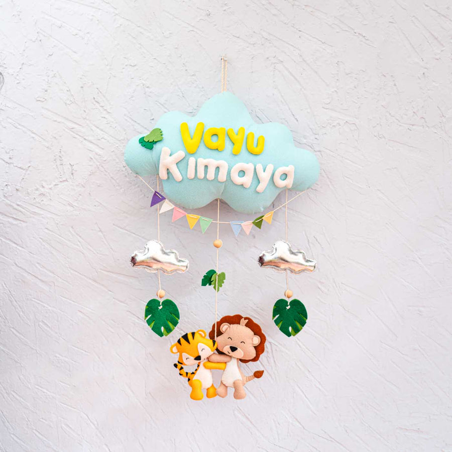 Handcrafted Personalized Cloud Theme Name Plate For Kids 2 - Hanging Front View with Personalization