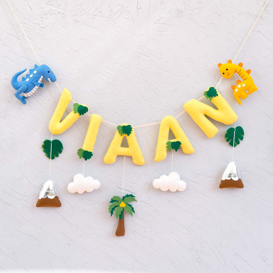 Handcrafted Personalized Themed Bunting For Kids Dinoland - Hanging Name Garland Front View