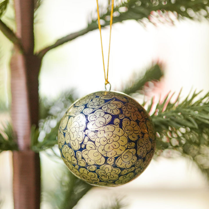Blue & Silver Handmade Kashmiri Paper Mache Christmas Ball Ornament For Tree Decor