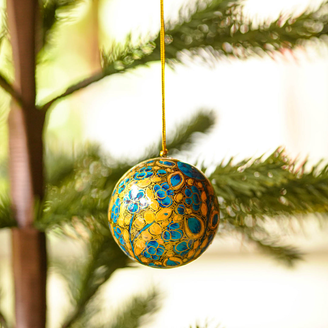 Blue & Orange Handmade Kashmiri Paper Mache Christmas Ball Ornament For Tree Decor