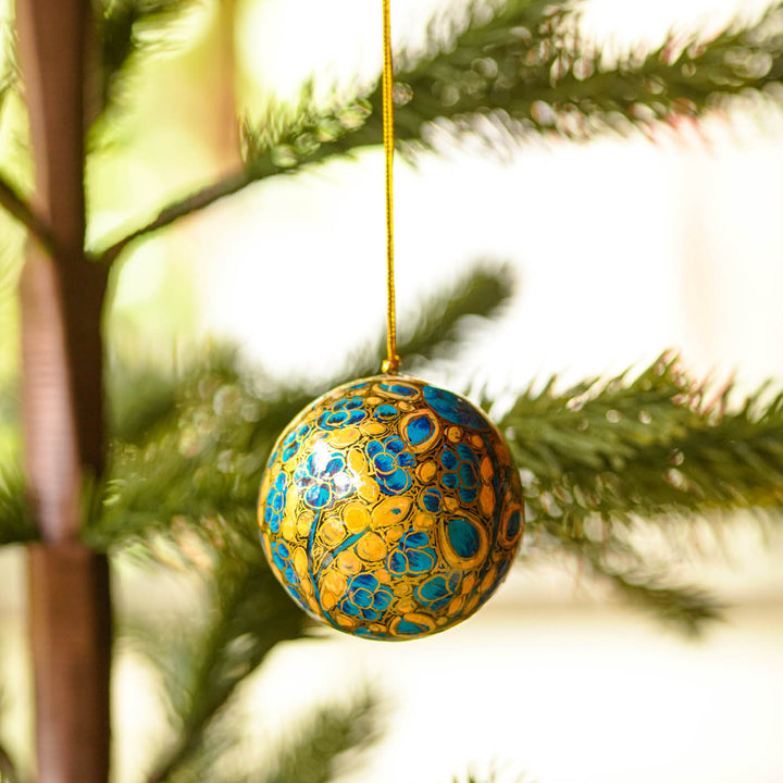 Blue & Orange Handmade Kashmiri Paper Mache Christmas Ball Ornament For Tree Decor
