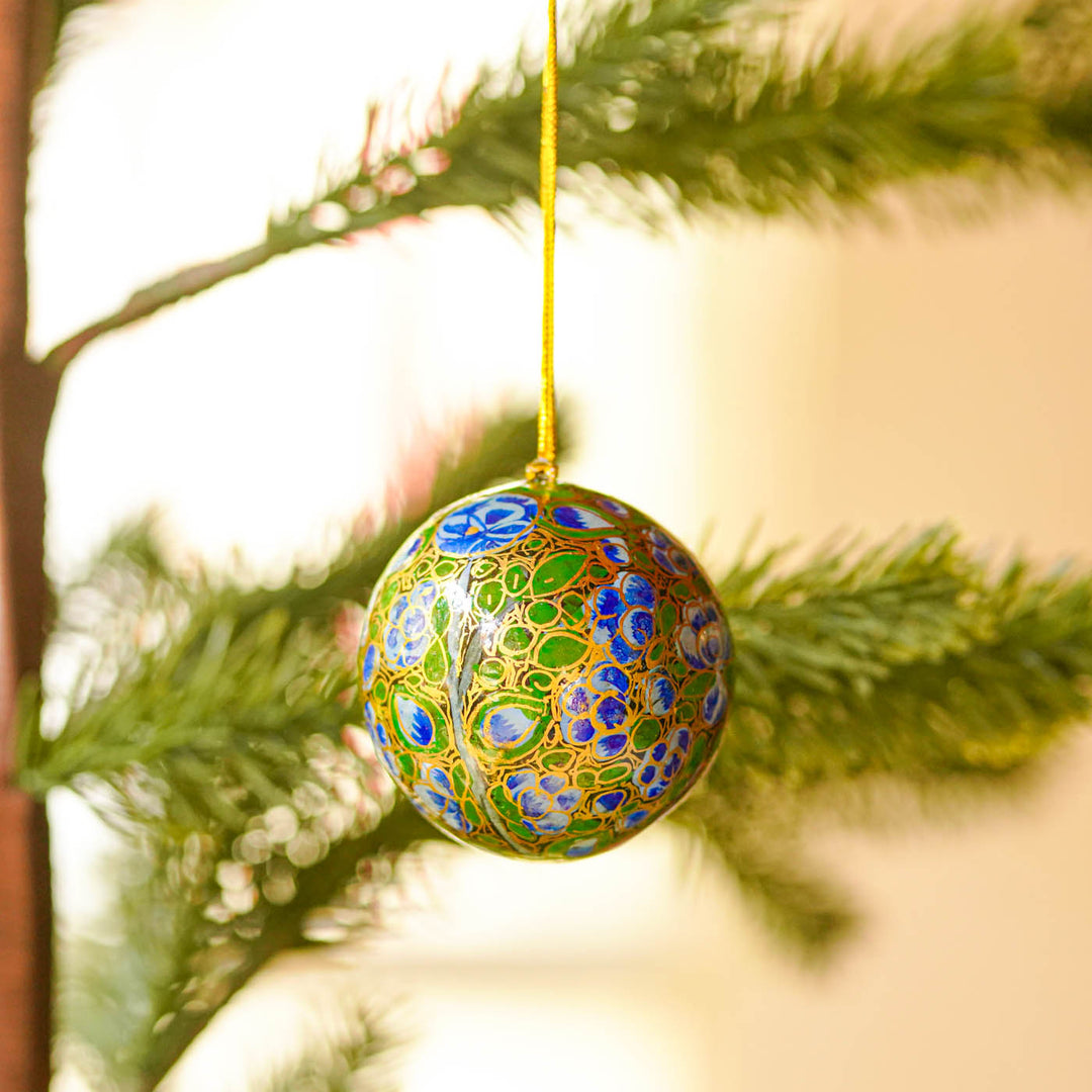 Blue & Green Handmade Kashmiri Paper Mache Christmas Ball Ornament For Tree Decor
