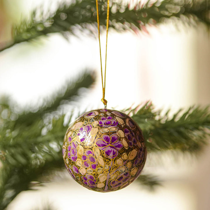 Purple Handmade Kashmiri Paper Mache Christmas Ball Ornament For Tree Decor
