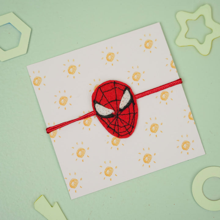 Handmade Spiderman Theme Felt Kids Rakhi For Brother - Angled View on Gift Card