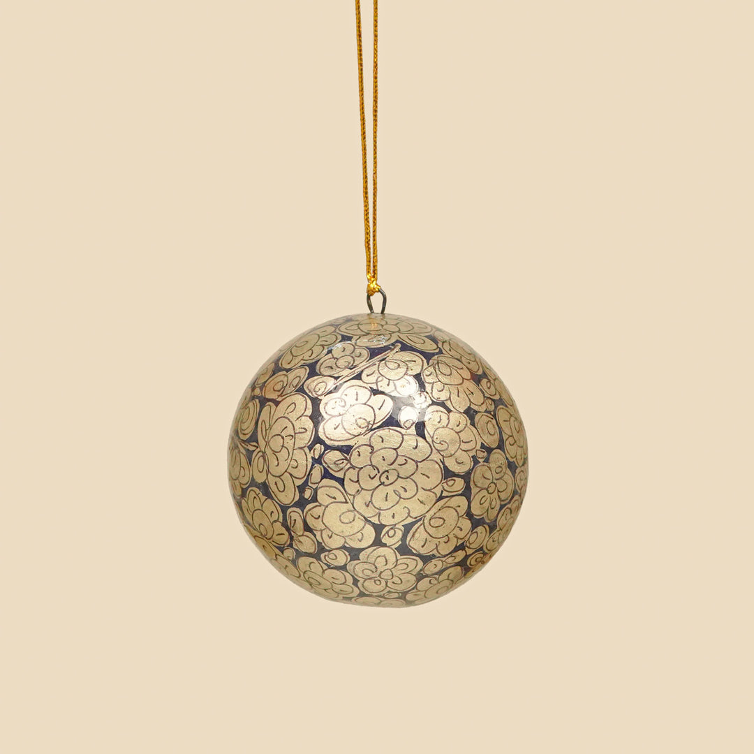 Blue & Silver Handmade Kashmiri Paper Mache Christmas Ball Ornament For Tree Decor
