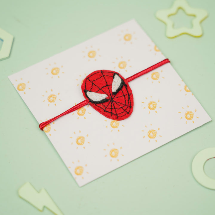 Handmade Spiderman Theme Felt Kids Rakhi For Brother - Top View on Gift Card