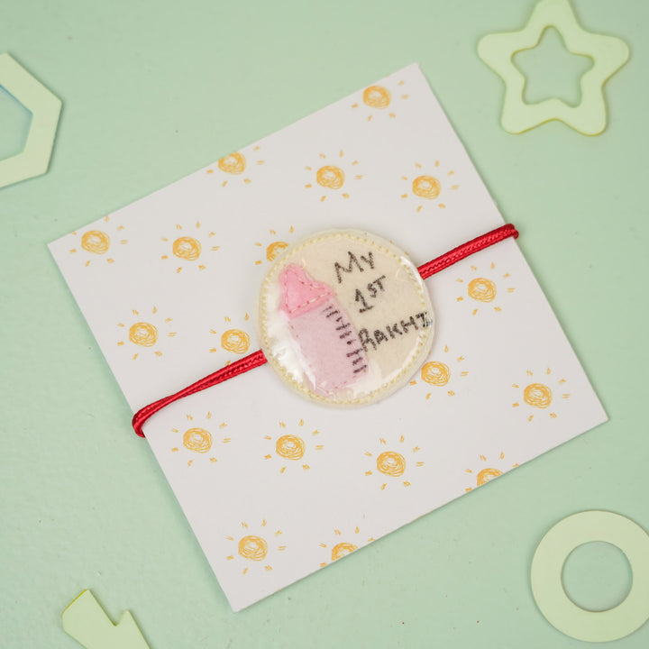 Handmade Feeding Bottle Theme Girl Felt Kids Rakhi For Sisters - Rakhi Tied on Card Display