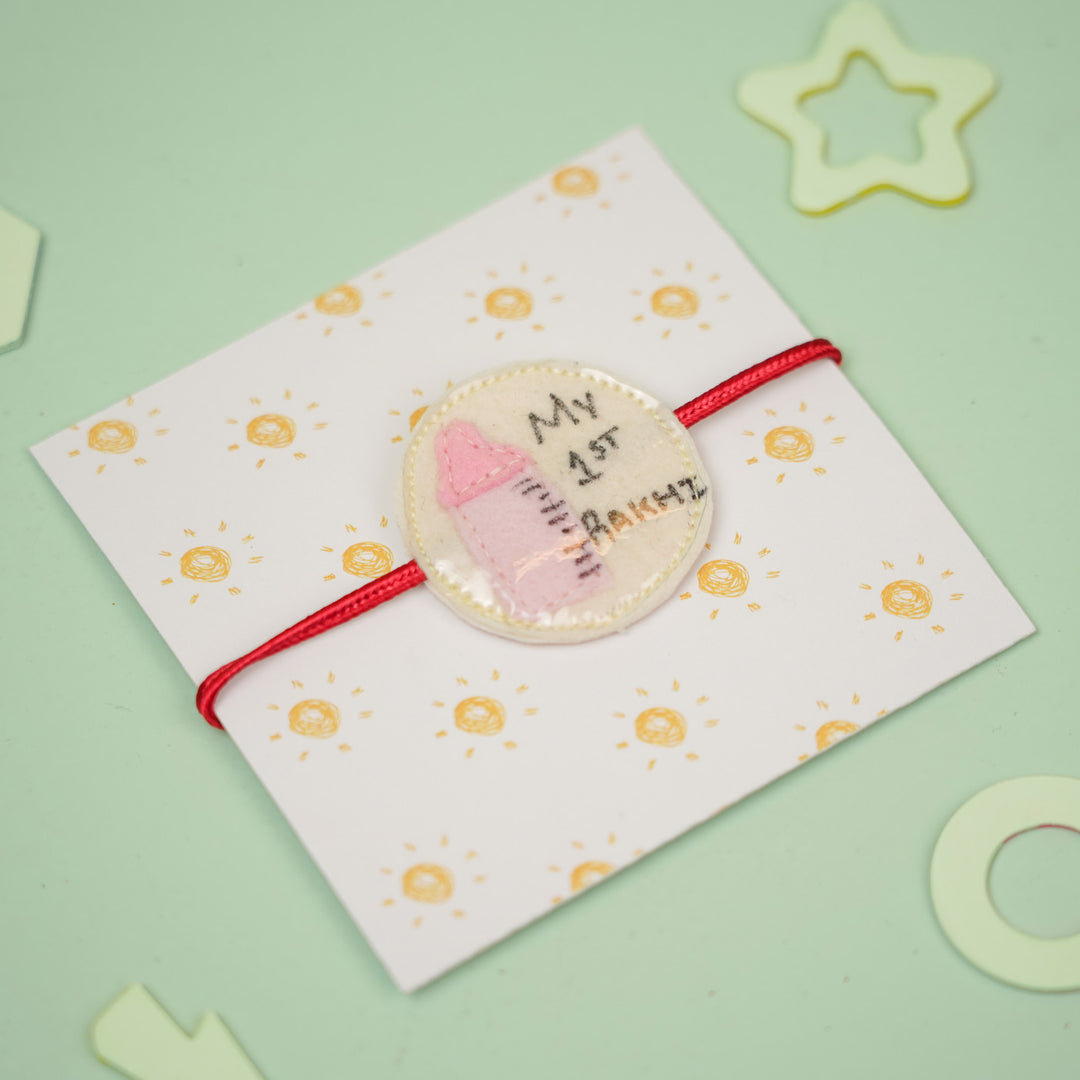 Handmade Feeding Bottle Theme Girl Felt Kids Rakhi For Sisters - Rakhi on Decorative Card