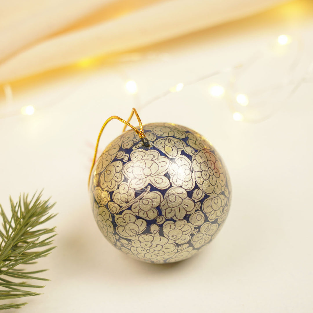 Blue & Silver Handmade Kashmiri Paper Mache Christmas Ball Ornament For Tree Decor
