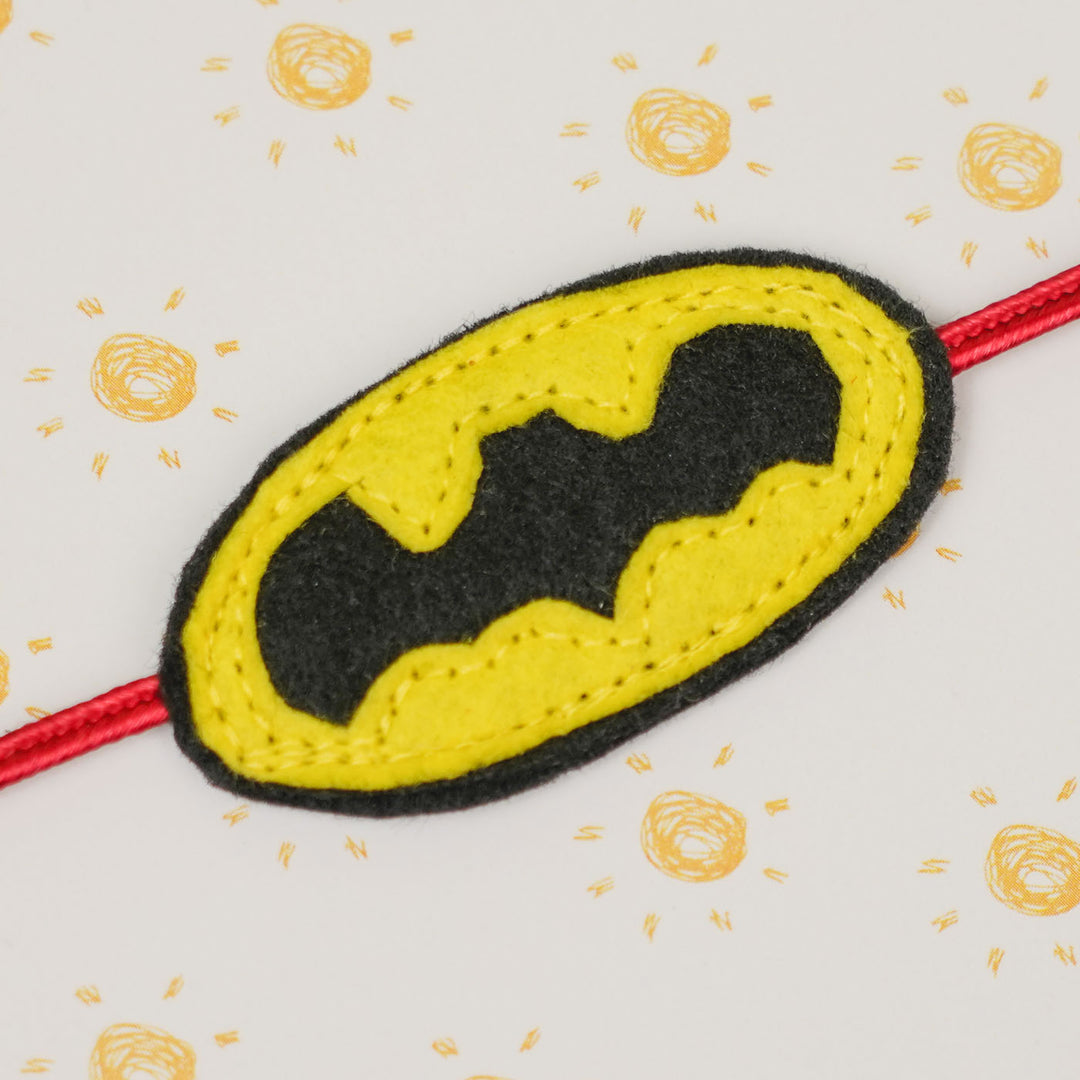 Handmade Batman Theme Felt Kids Rakhi For Brother - Close-up of centerpiece detail