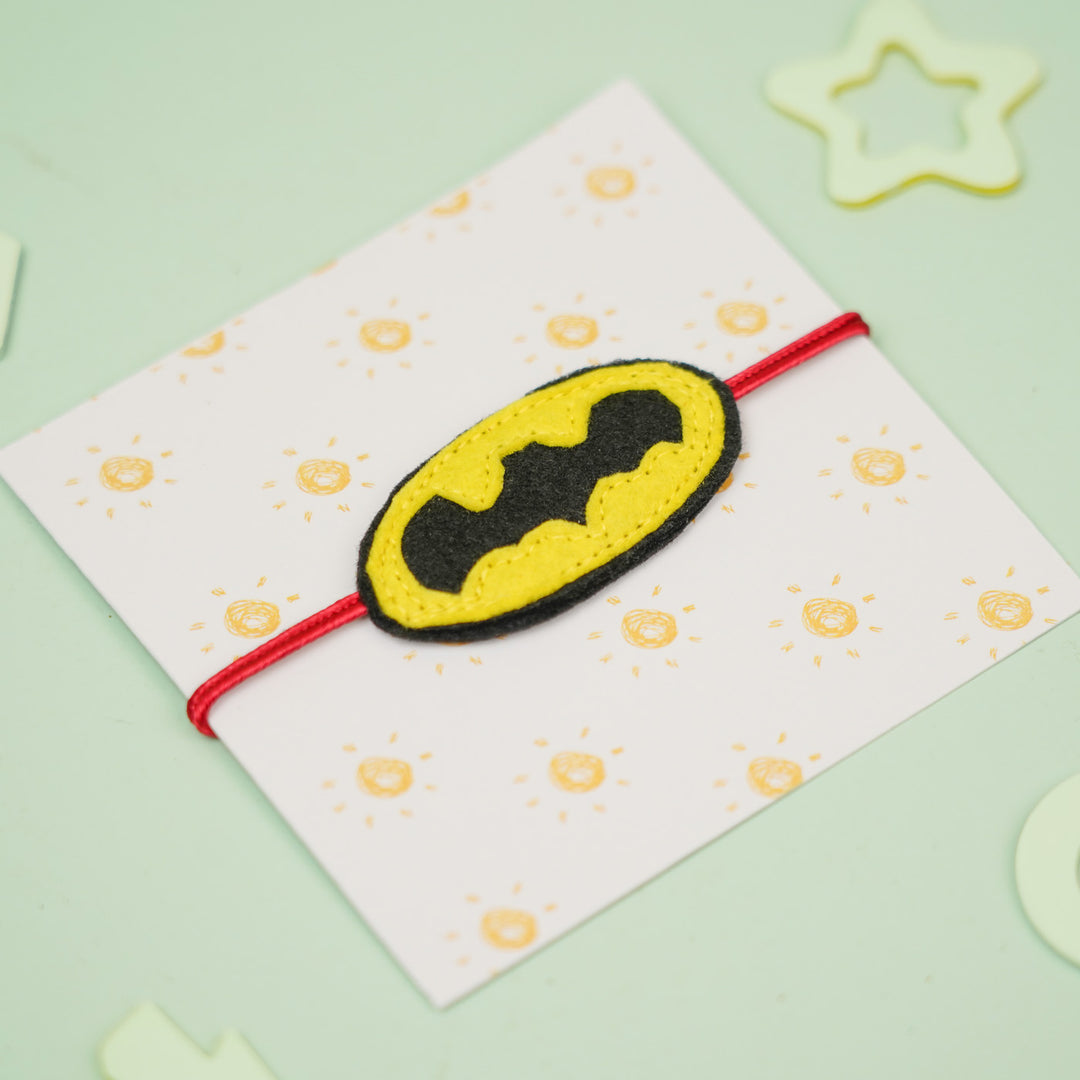 Handmade Batman Theme Felt Kids Rakhi For Brother - On card with background decor