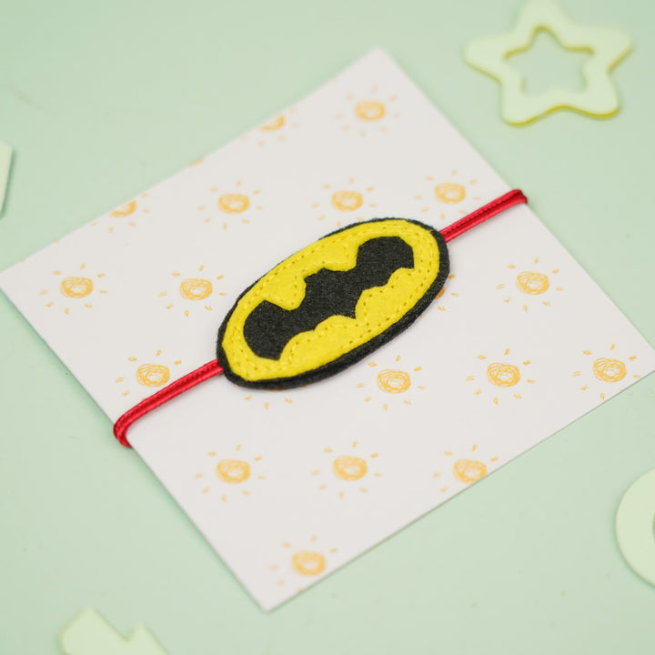 Handmade Batman Theme Felt Kids Rakhi For Brother - On card with background decor