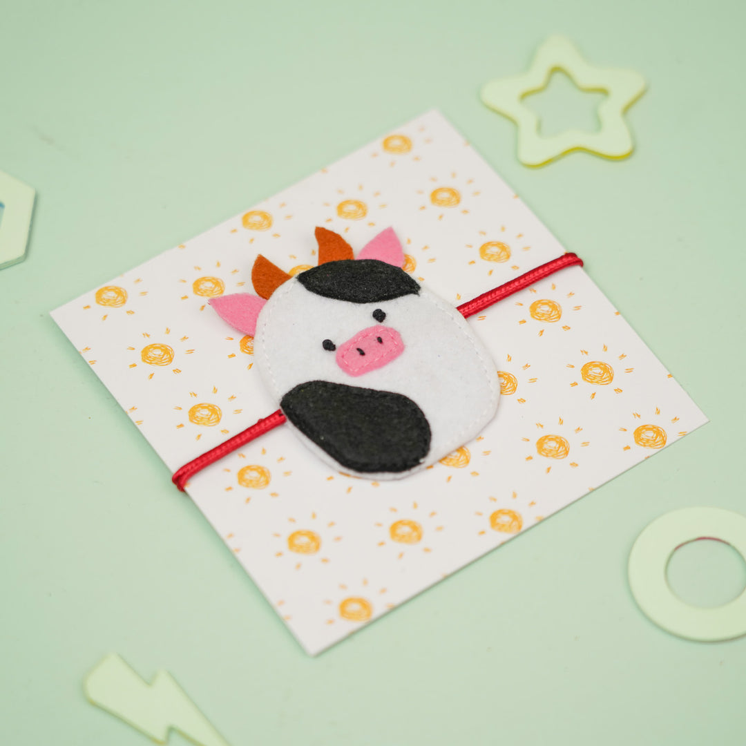 Handmade Squish Mallows Cow Theme Felt Kids Rakhi - Wrapped on Patterned Card