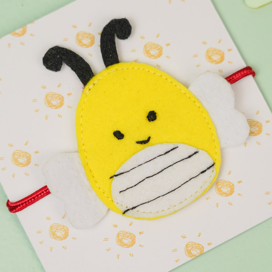 Handmade Squish Mallows Bumblebee Theme Felt Kids Rakhi - Close-up on Bee Design