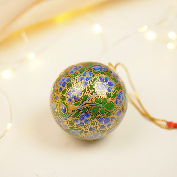 Blue & Green Handmade Kashmiri Paper Mache Christmas Ball Ornament For Tree Decor