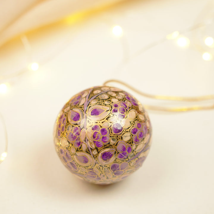 Purple Handmade Kashmiri Paper Mache Christmas Ball Ornament For Tree Decor