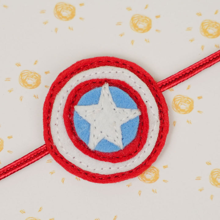 Handmade Captain America Theme Felt Kids Rakhi For Brother - Close-up of Bracelet Detail