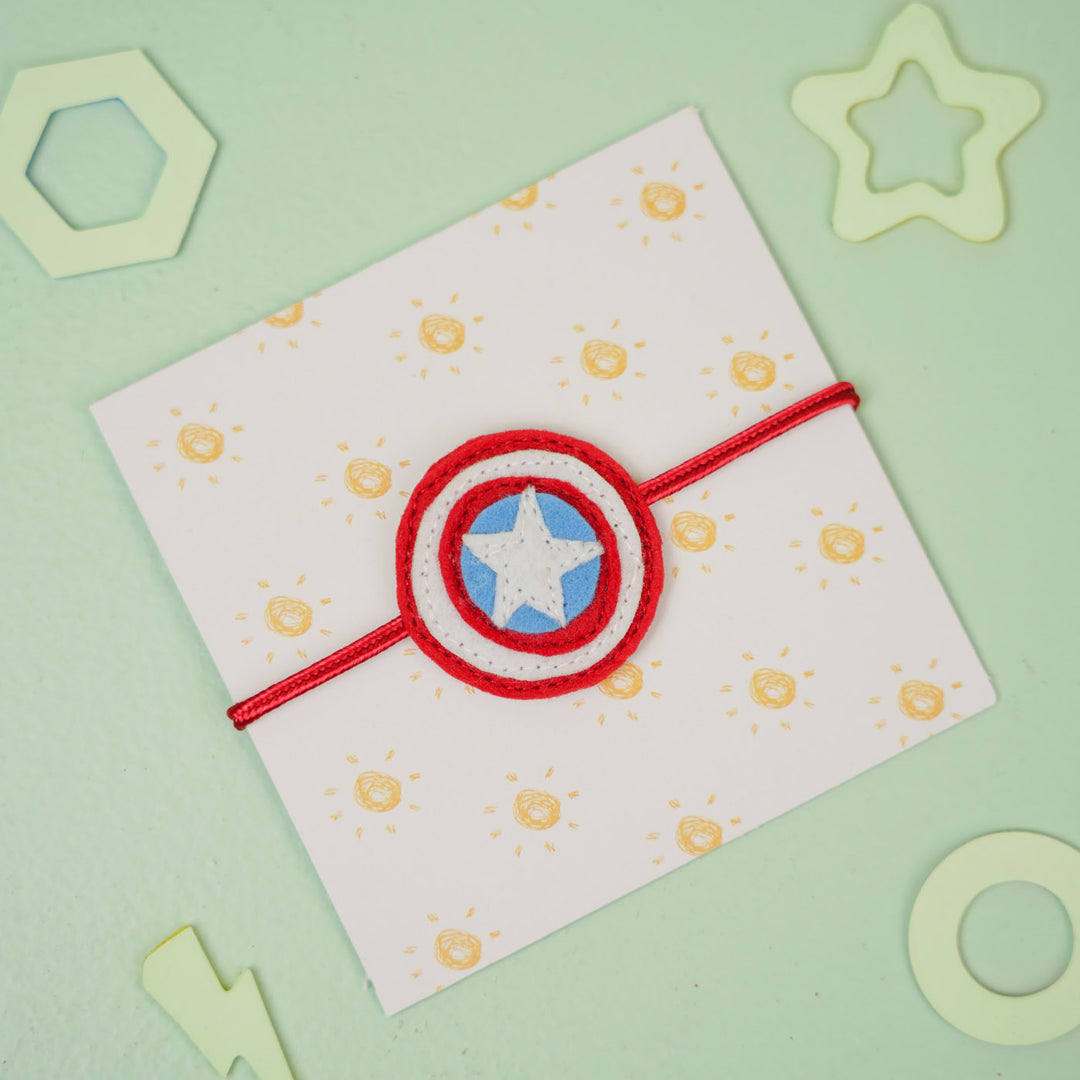 Handmade Captain America Theme Felt Kids Rakhi For Brother - Gift Envelope with Bracelet Front