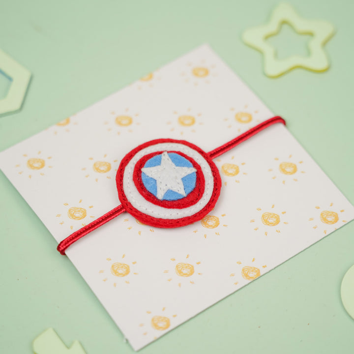 Handmade Captain America Theme Felt Kids Rakhi For Brother - Bracelet on Gift Envelope