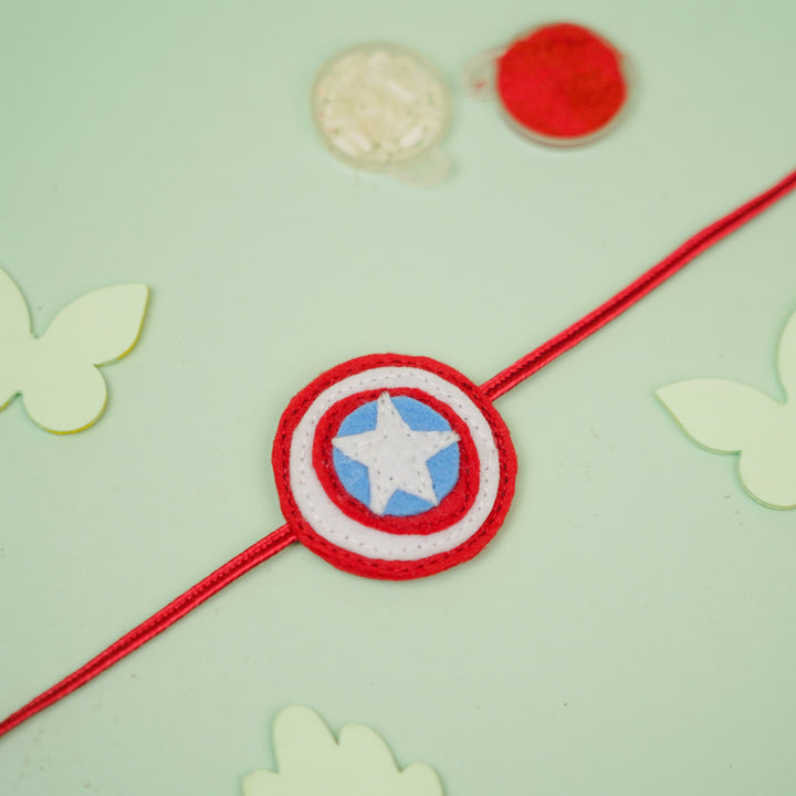 Handmade Captain America Theme Felt Kids Rakhi For Brother - Flat Lay Display of Bracelet